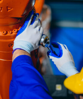 Professional maintenance worker working with machine robotic arms at industrial factory, Technician engineer checking safety of machine and maintenance robotic arms